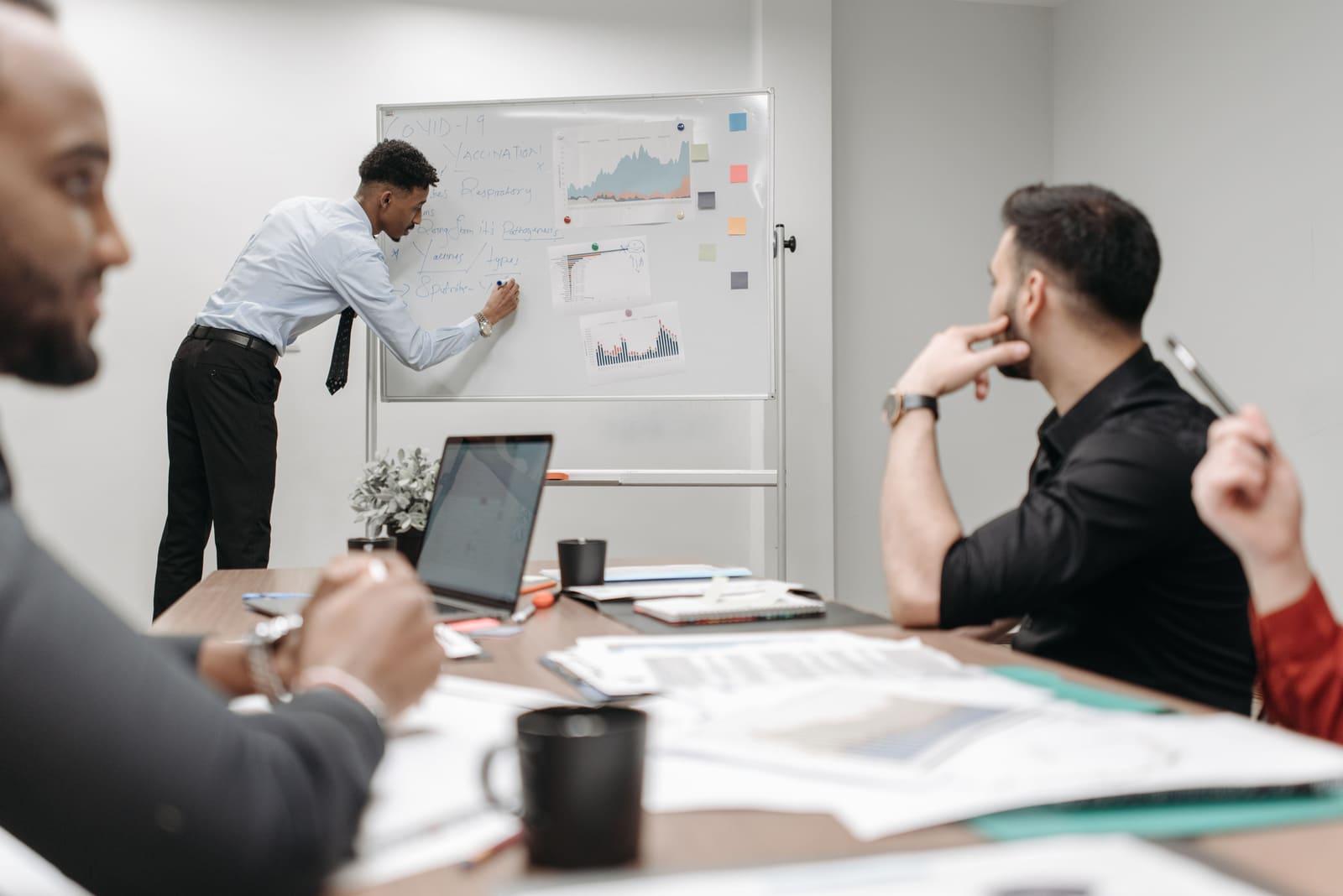 Consultants working through a plan at a whiteboard.