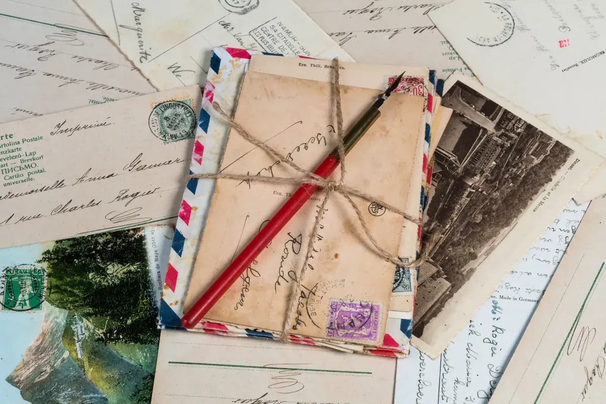 A stack of stamped paper envelopes tied together with twine, seen from above on a plain surface