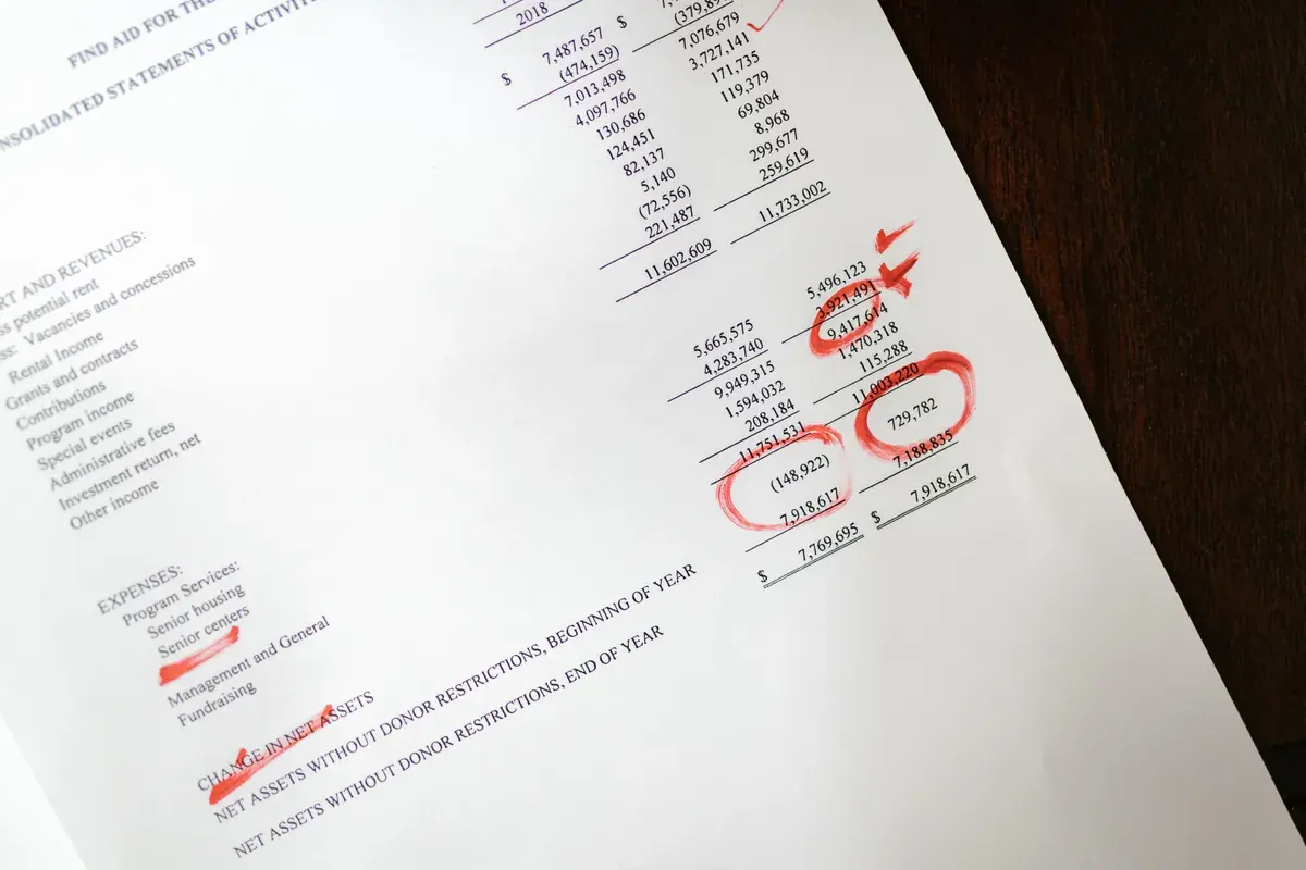 Close-up of a printed financial statement with figures circled in red marker