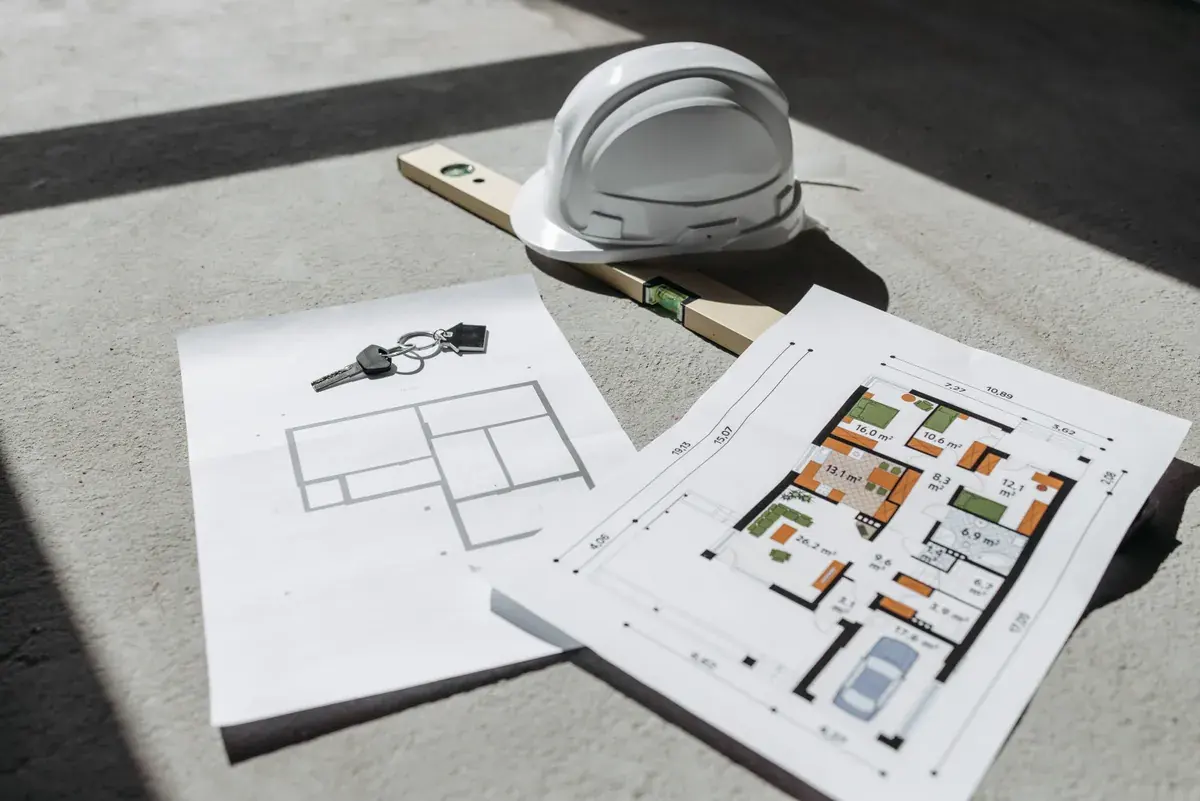 Building floor plans, a hard hat, and house keys on a sunlit concrete floor