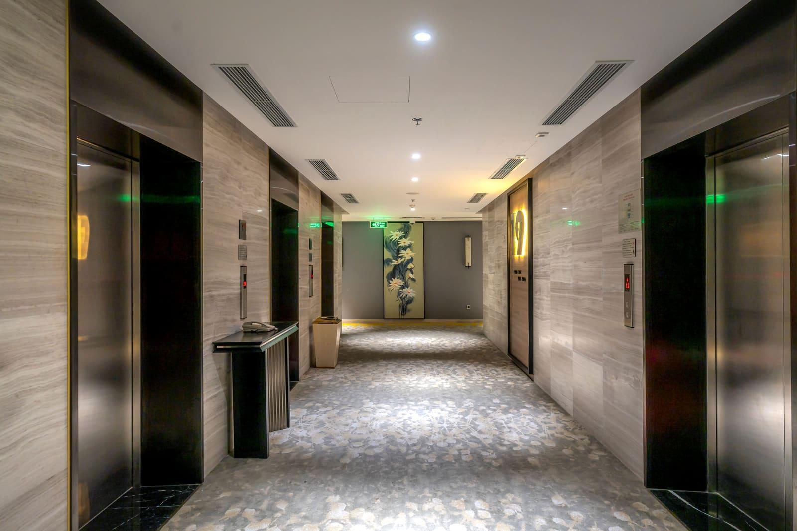 A modern hotel lobby.