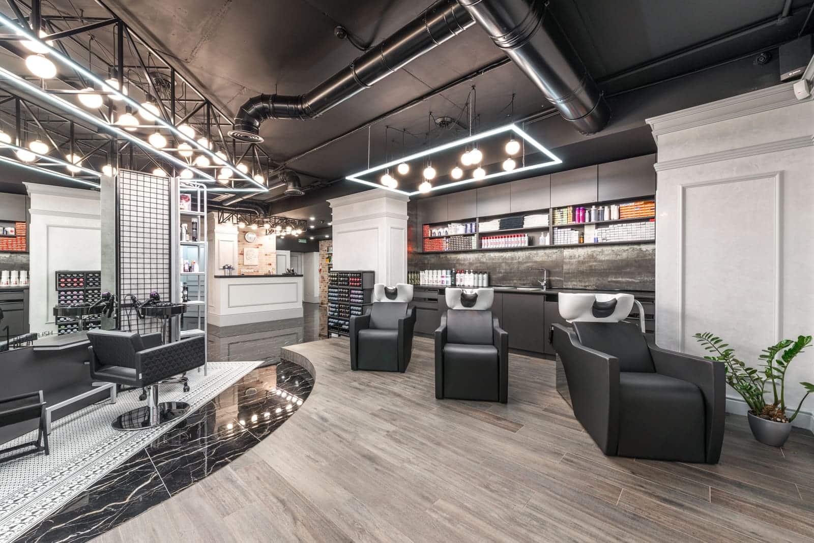 A styling chair in a hair salon interior.