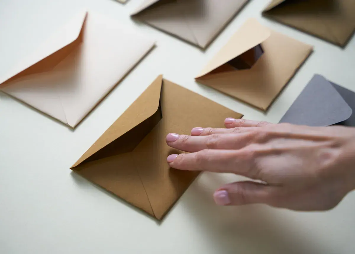 Several plain paper envelopes laid out on a pale surface, with a hand resting on one of them.