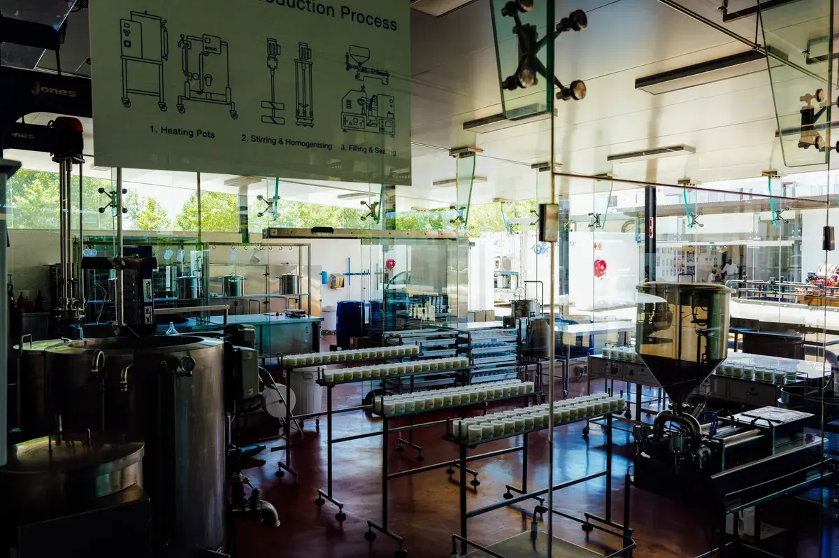 Spacious interior of a food production plant with industrial processing lines