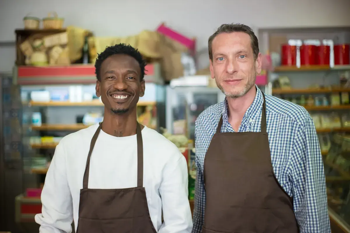 Two shop owners in aprons standing together inside a small neighborhood grocery store.