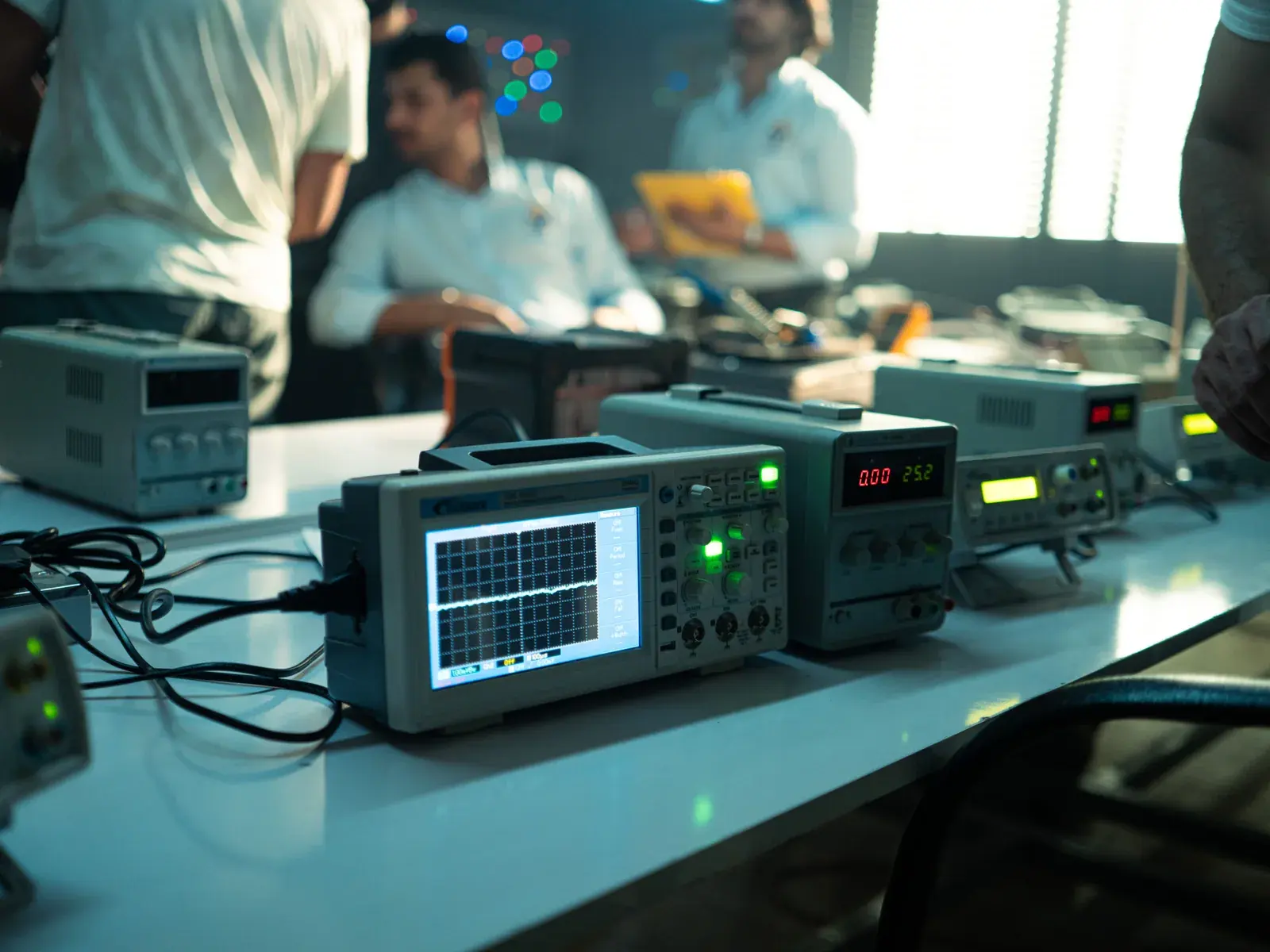 Bench instruments and an oscilloscope glow on a lab table while technicians work in the background.