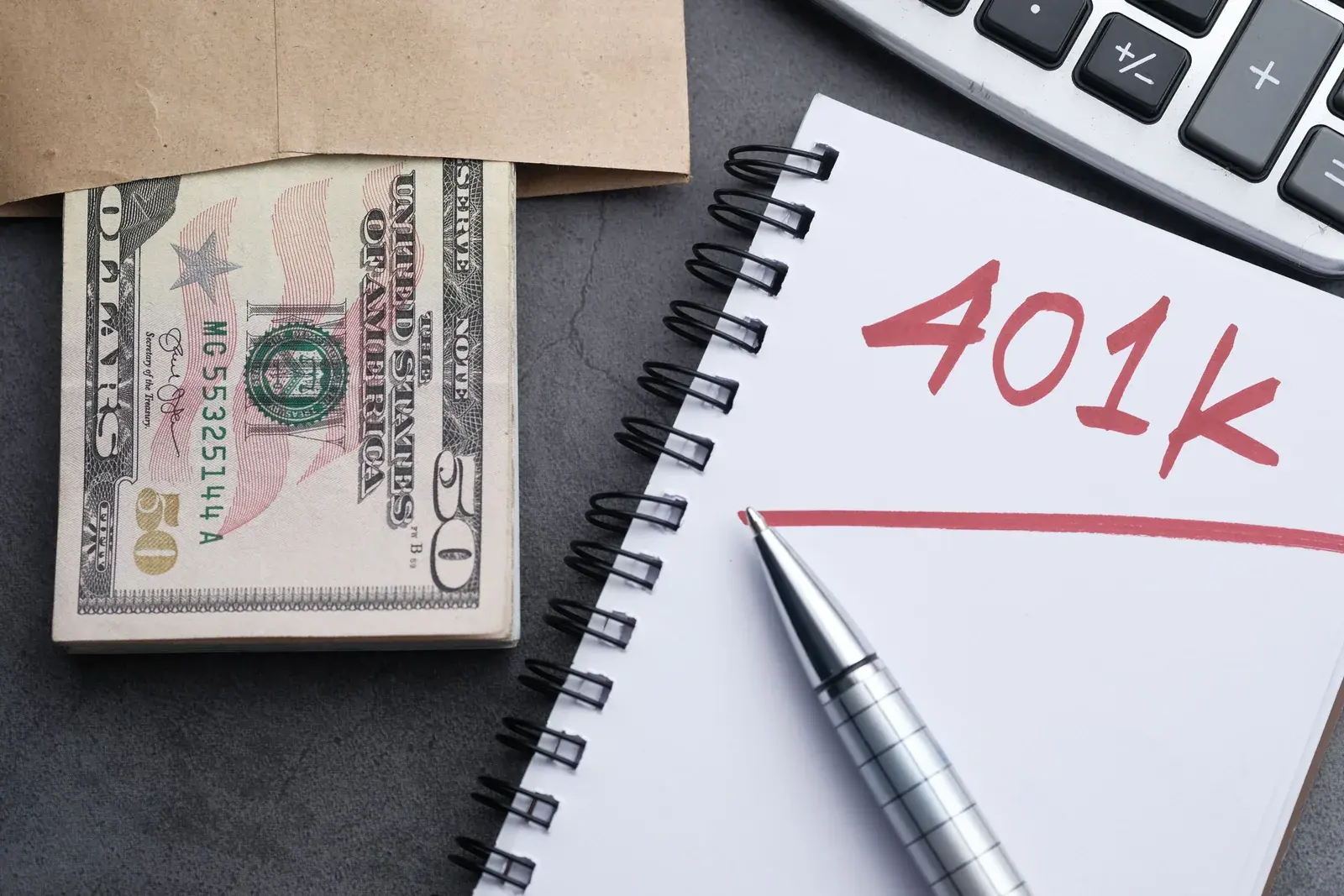 A desk with a notebook labeled 401k, a pen, cash, and a calculator laid out for retirement planning