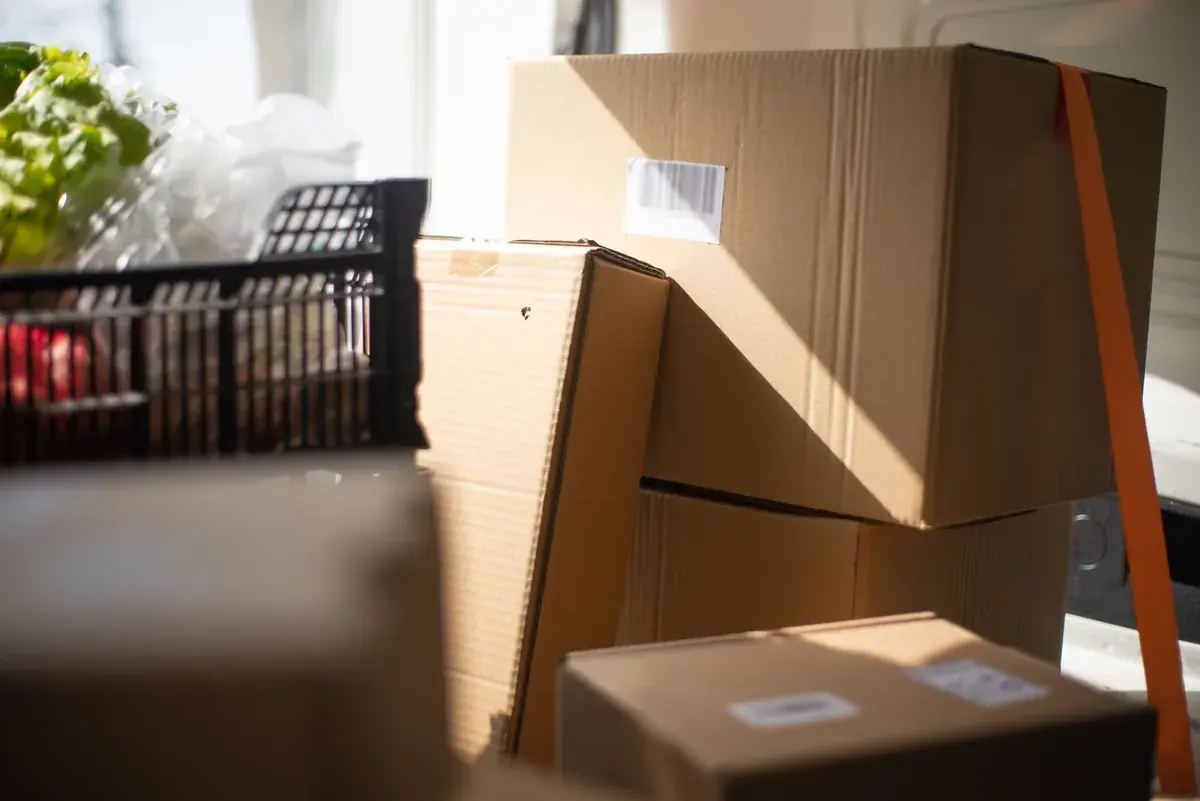 Stacked cardboard parcels strapped inside a sunlit delivery van, ready to go out for the day.